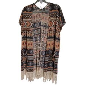 Easel Women's Boho Aztec Open-Front Cardigan With Short Sleeves & Lace Trim Sz S
